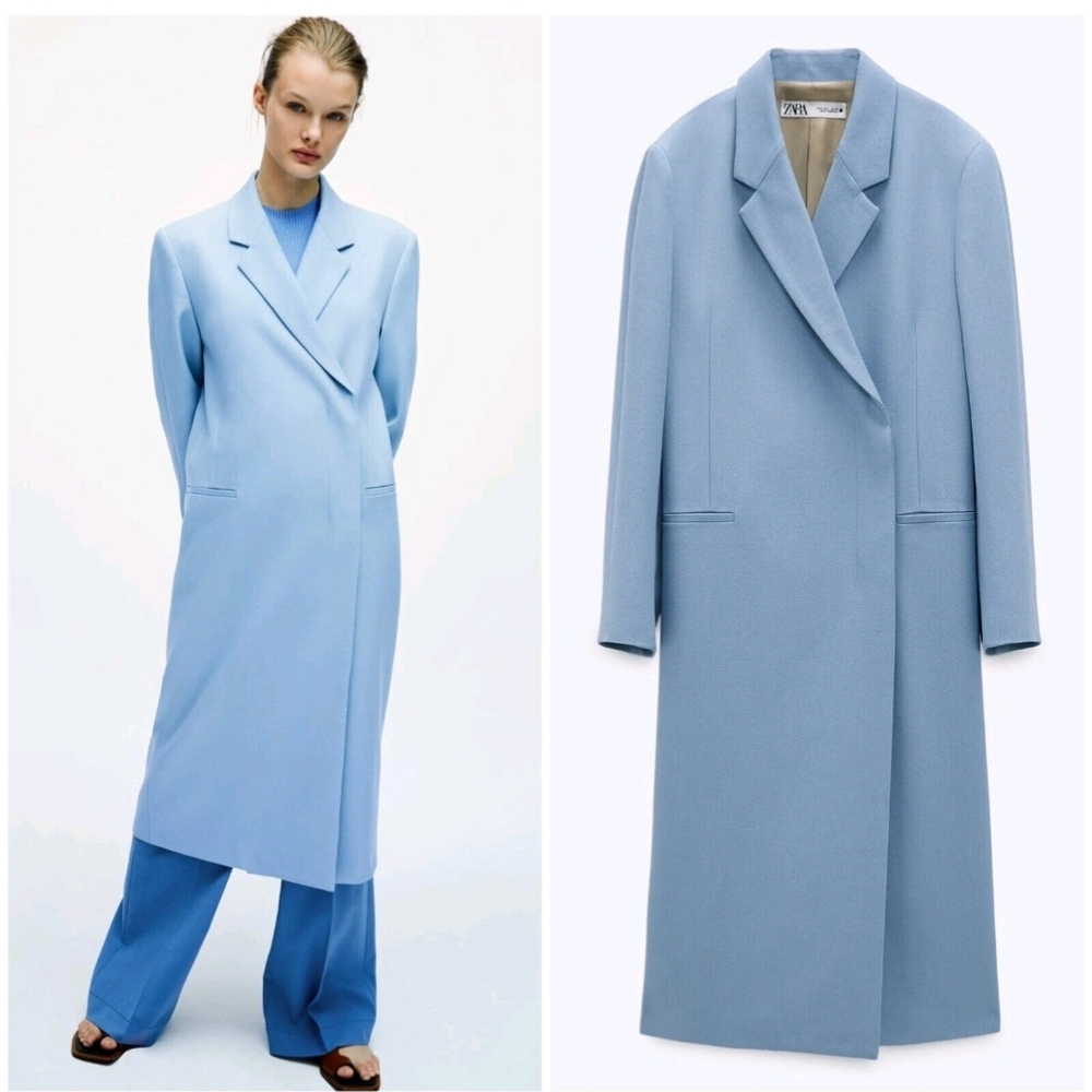 Zara Women's Wool Blend Light Blue Long Coat